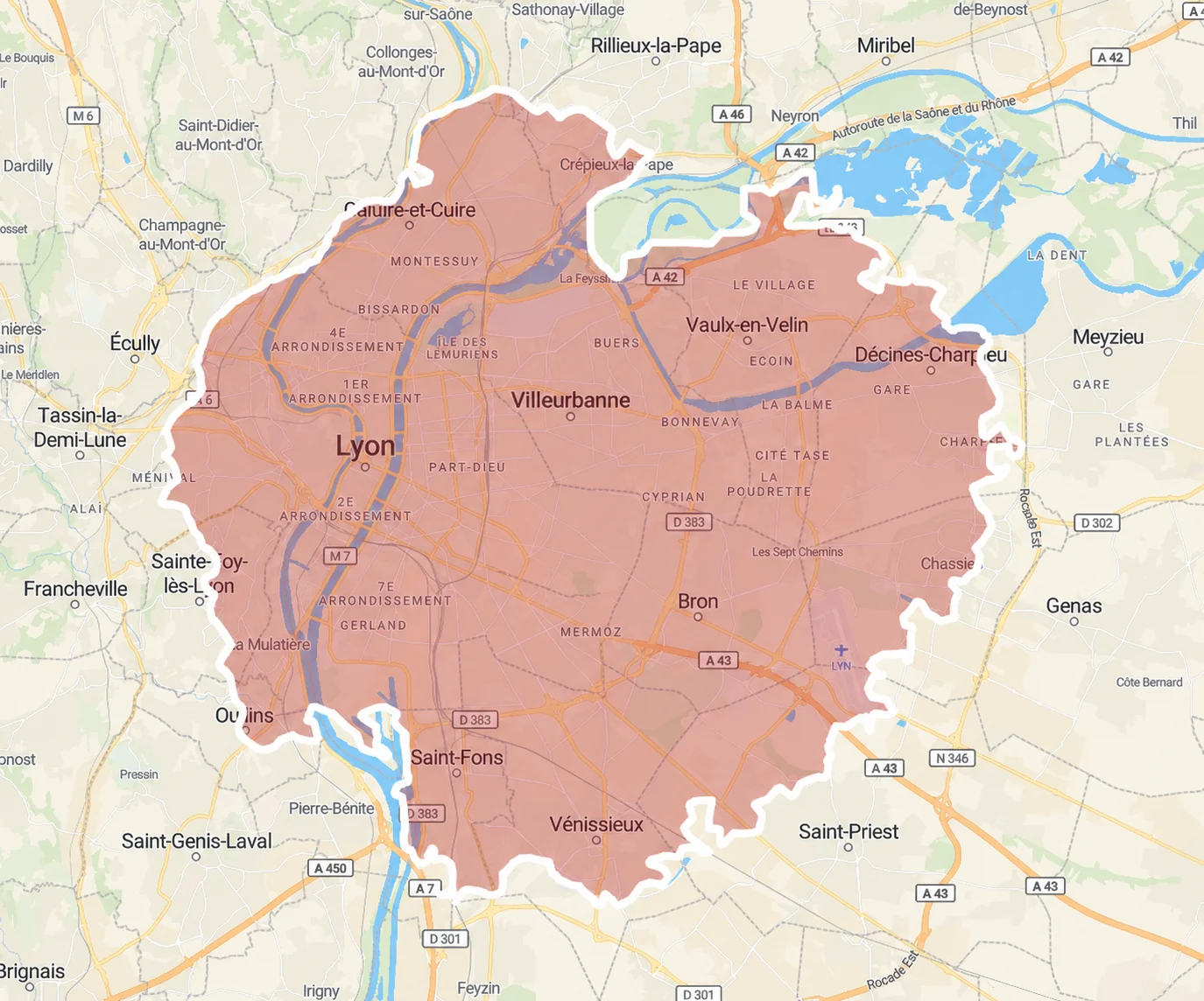 Carte indicative de la zone d'intervention à domicile autour de Lyon et Villeurbanne